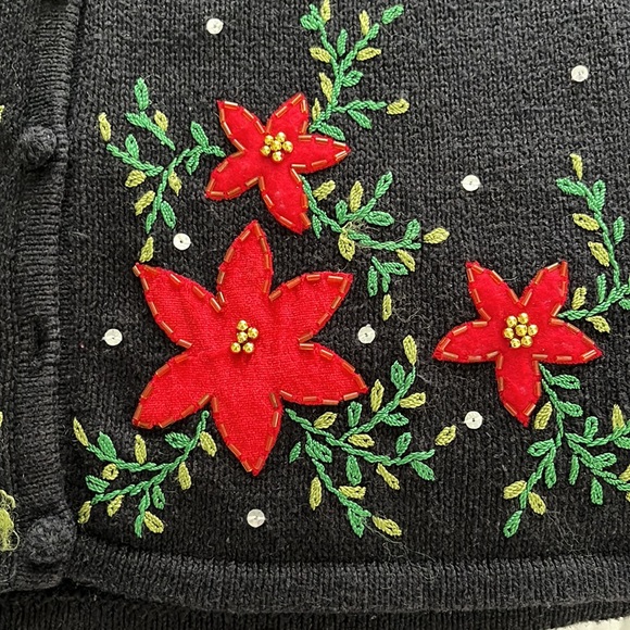 Designs Originals Studio Joy Sweater Vest Black with Red Poinsettias on - Picture 4 of 6